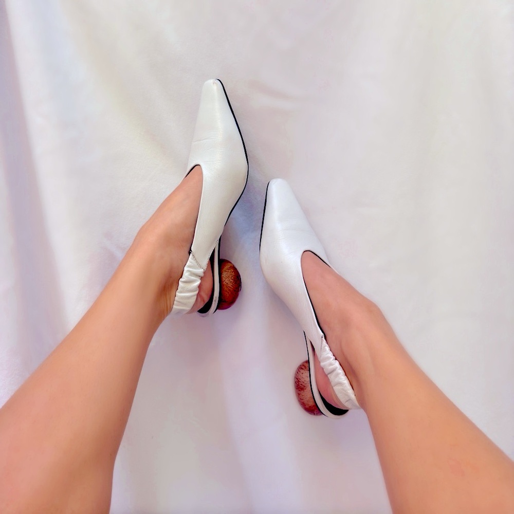 Topshop White Leather Slingback Kitten Heels with Wood Ball Heel